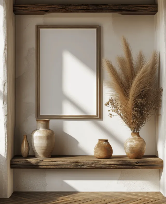 Blank poster frame sits on a boho shelf beside pampas grass and beige vases in warm sunlight.