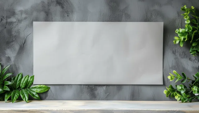 Blank white banner on gray textured wall with plants and tabletop