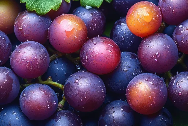 Close-up fresh grapes on the vine with water droplets and vivid color