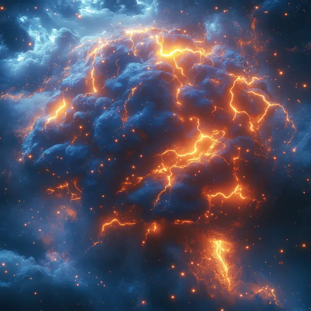 A glowing human brain silhouette cracked by lightning bolts within a dark storm cloud atmosphere.