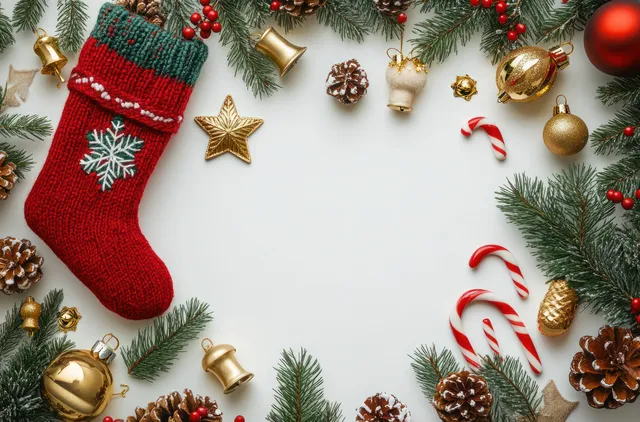 Red knitted Christmas stocking surrounded by pine branches, candy canes, golden bells, pinecones, and ornaments on white.