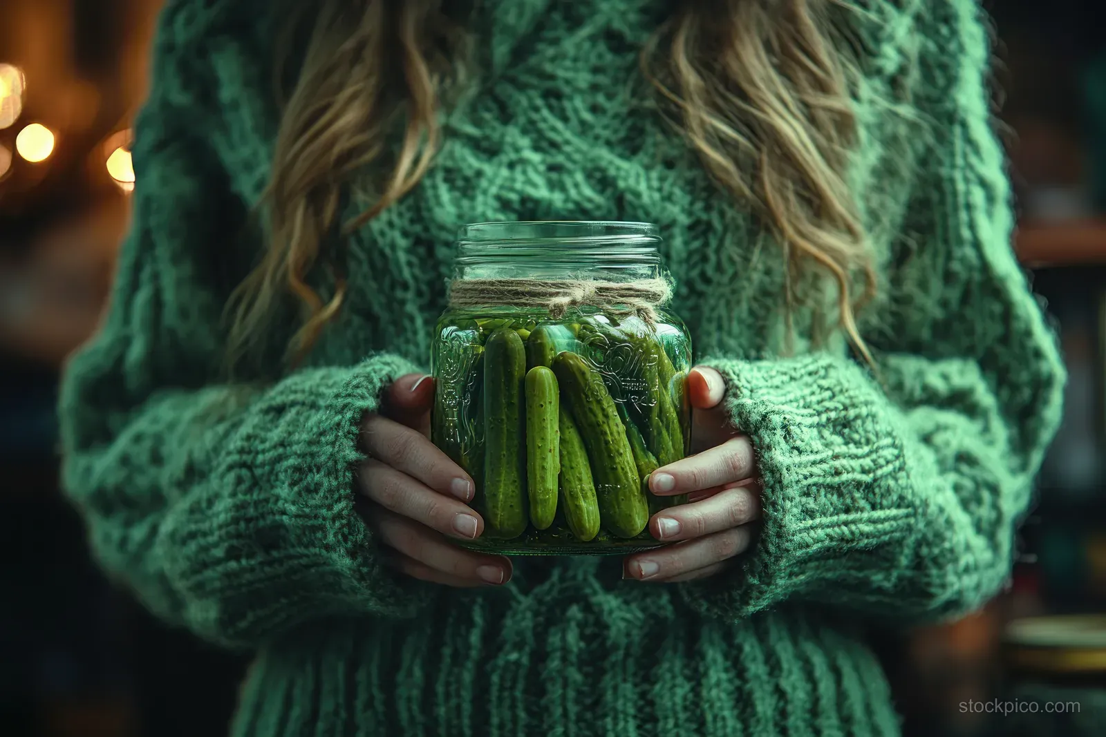Woman holds a glass jar filled with green cucumbers in a warm, cozy kitchen.