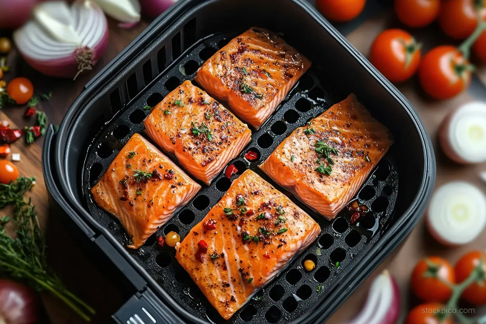 Four seasoned salmon fillets cooking in a black air fryer basket with herbs, tomatoes, and onion slices around.