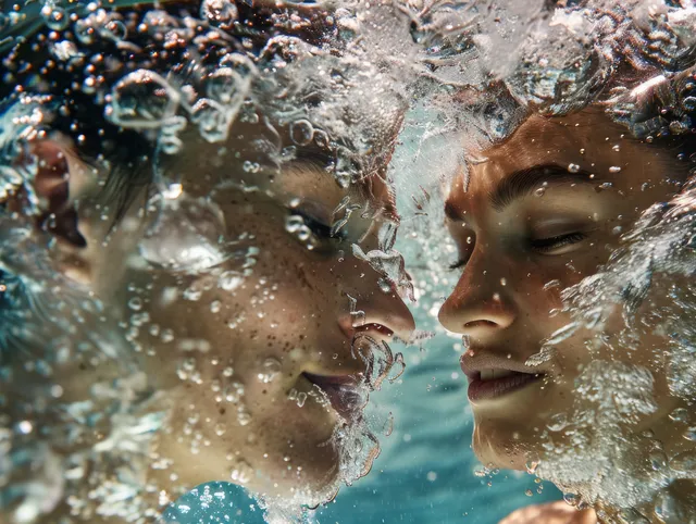 Two artistic swimmers face each other underwater, surrounded by bubbles and water motion.