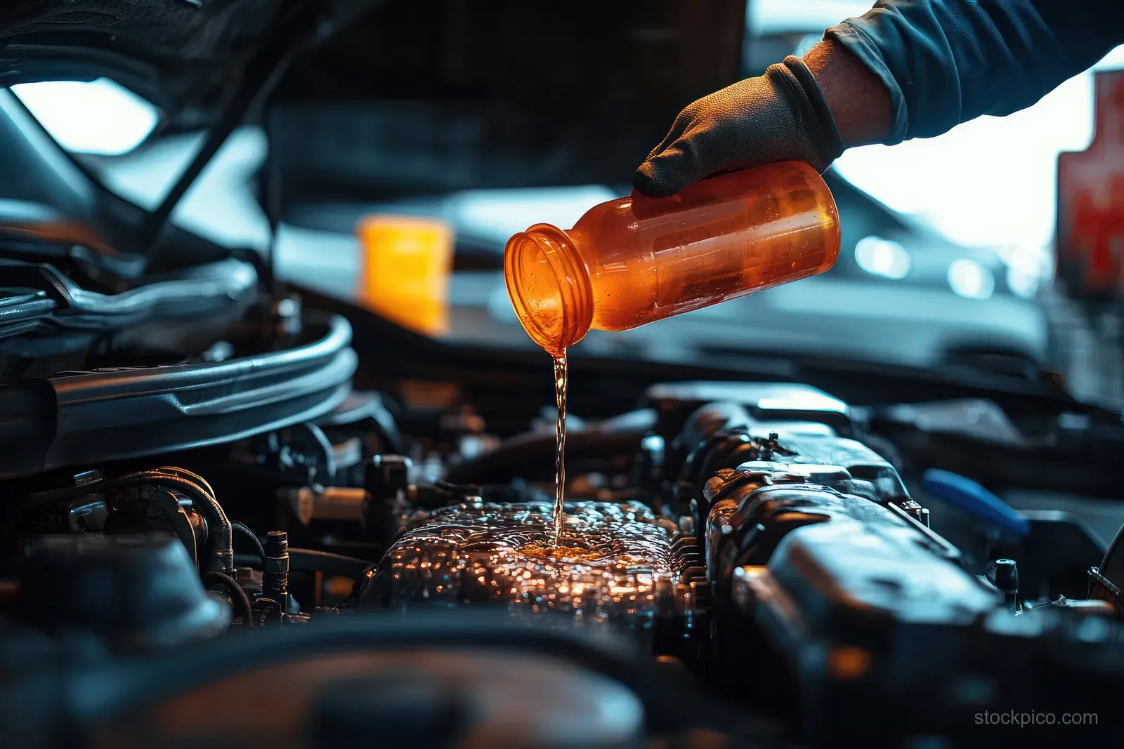 Gloved hand pours liquid from an orange bottle into a car engine bay under an open hood.
