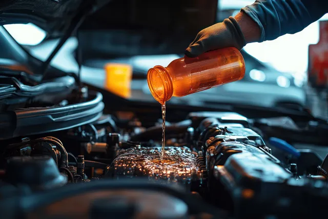 Mechanic in gloves pouring liquid from an orange bottle into an open car engine