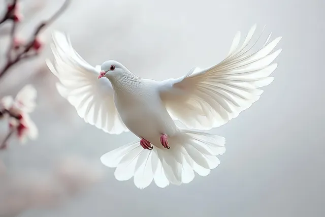 White dove flying with wings fully spread above blurred spring branches in soft light bokeh.