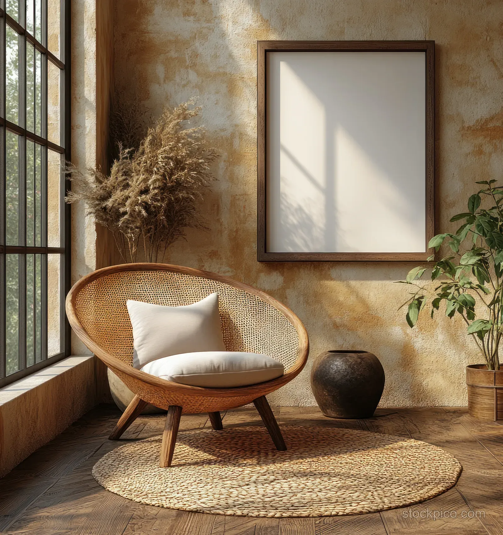 Wooden chair and blank picture frame in a sunlit minimalist Scandinavian interior with warm textured walls and dried pampas.