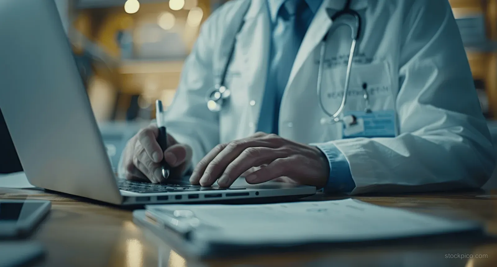 Doctor typing on a laptop while using a digital tablet in a hospital office with a stethoscope visible.