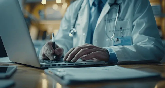 Doctor typing on a laptop while using a digital tablet in a hospital office with a stethoscope visible.