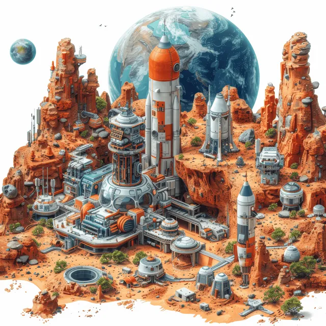 Isometric futuristic space station complex on Mars with teal domes and orange structures
