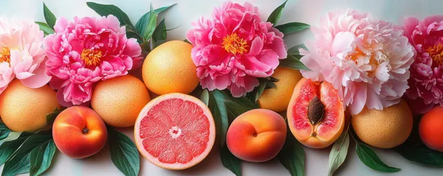 Grapefruit and peaches with pink peonies arranged in a bright spring flat lay