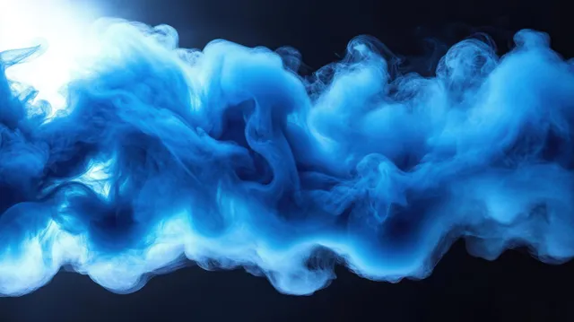 Dense blue smoke swirls across a dark background, forming glowing cloudlike curls and tendrils.