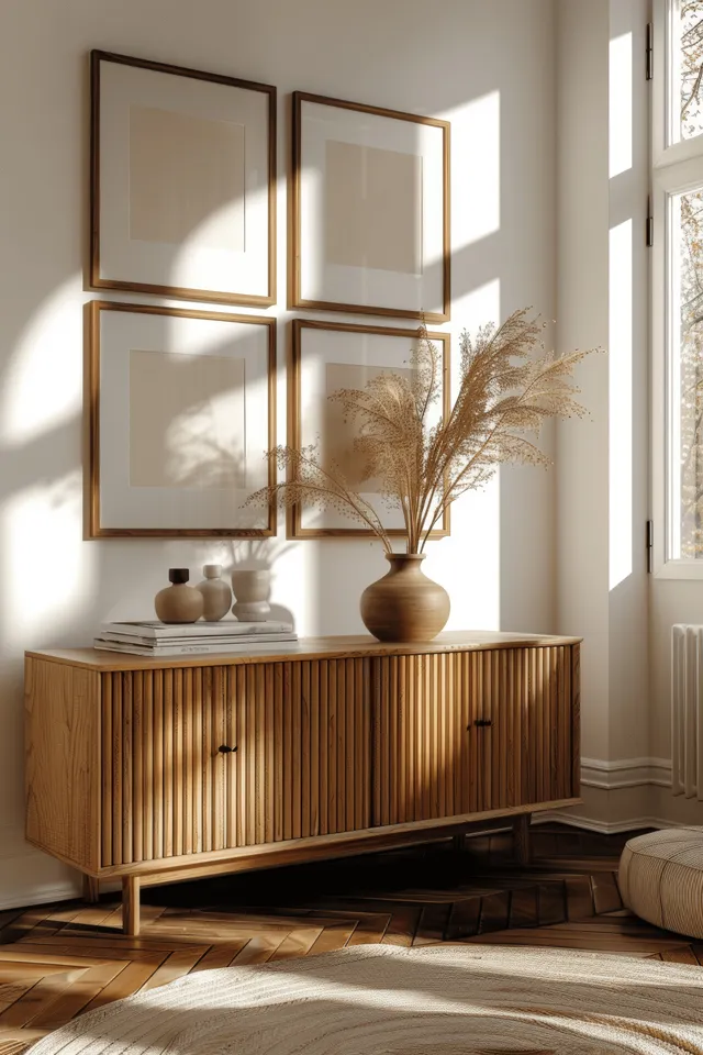 Blank wood picture frames above a ribbed sideboard in a bright minimalist room with window light and small vases.