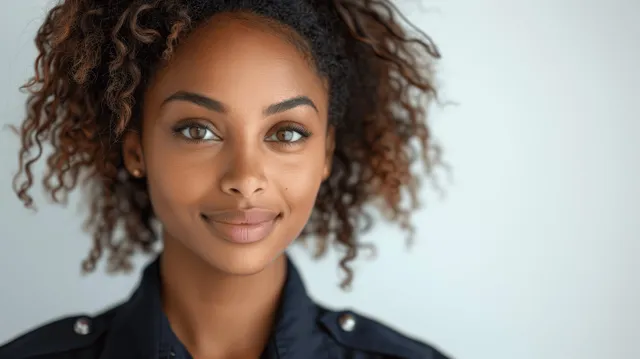 Smiling policewoman in uniform posing for a studio portrait on a light background with space for text.