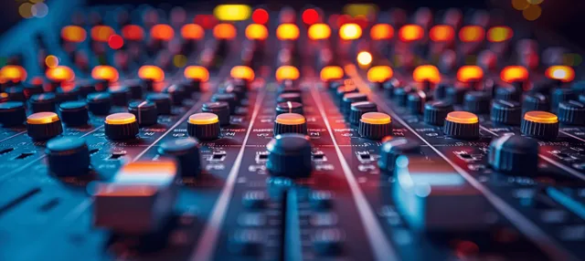 Close-up of an illuminated audio mixing console with colorful knobs and faders in a recording studio.