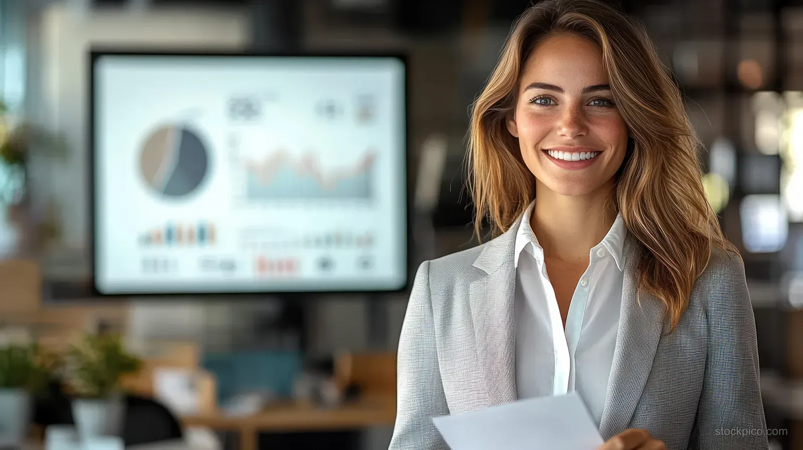 Smiling businesswoman in a gray blazer holding a presentation paper with blurred chart screen behind her.