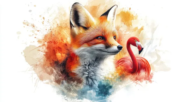 Watercolor fennec fox with flamingo and feather splashes, isolated on white background