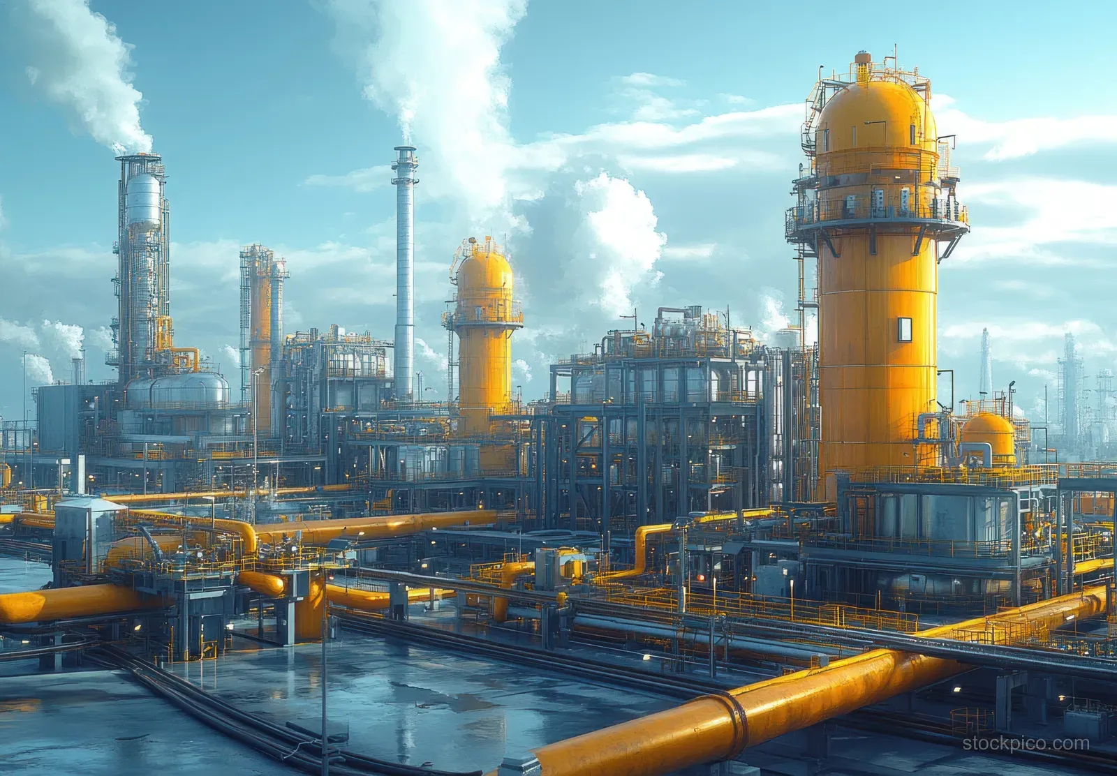 Hydrogen processing plant with steel pipes and yellow storage tanks in an industrial yard under a blue sky.