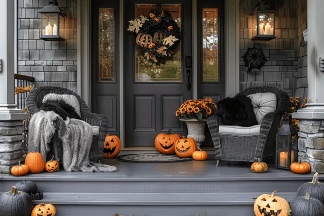 Grey wicker armchairs and fur throw sit on a Halloween porch with glowing jack-o’-lantern pumpkins and lantern lights by the door.
