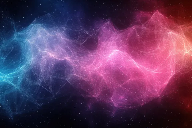 Interconnected glowing particles and lines in blue, purple, pink, and red spread across a starry nebula background.