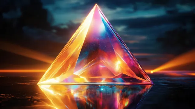 A glowing translucent pyramid emits golden and blue light with a mirrored reflection over dark clouds at dusk.