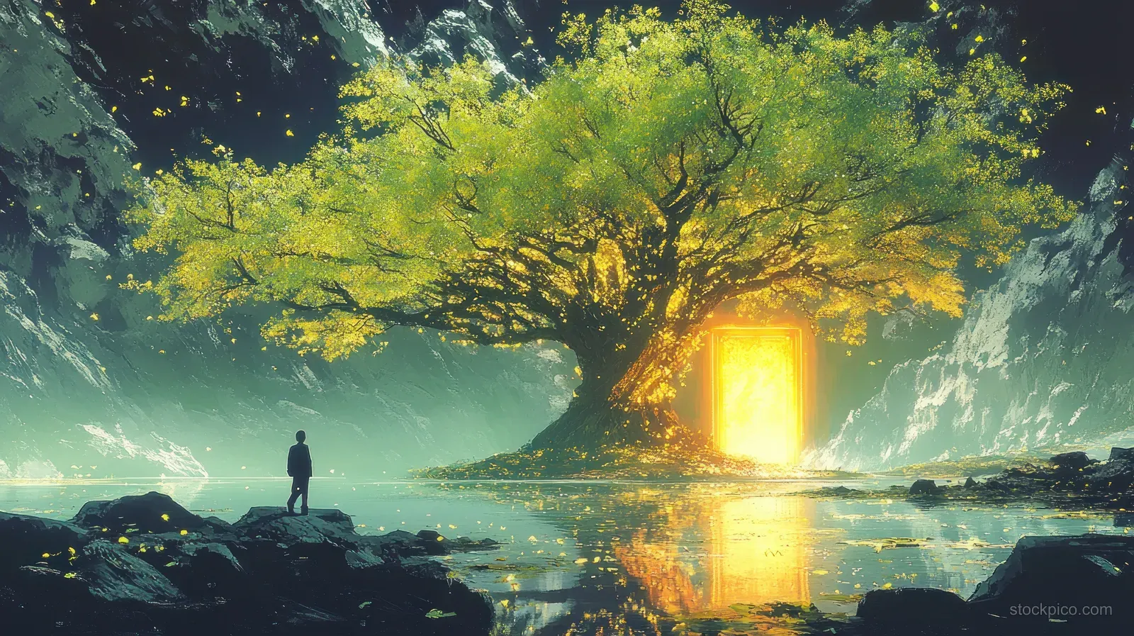 A lone traveler stands on a rocky lakeshore facing an illuminated door beneath a large ancient tree.
