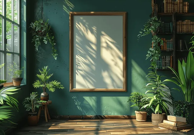 Empty wooden picture frame on wall with tropical plants, book stack, and sunlit curtains