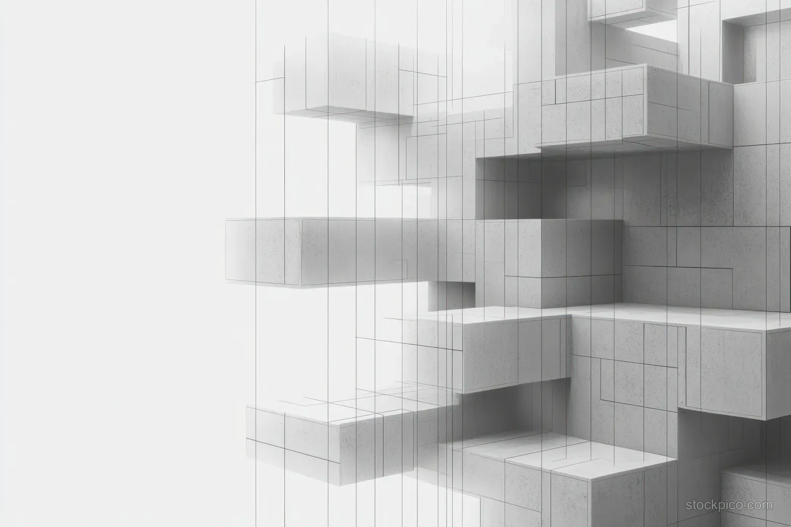 Interlocking gray concrete cubes with grid lines arranged abstractly against a white background.