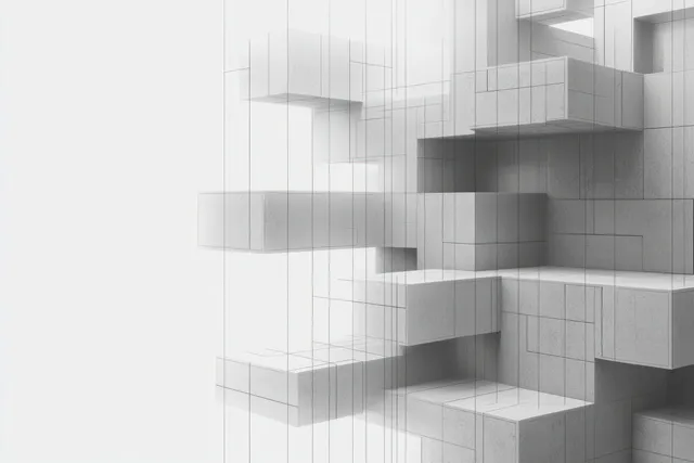 Interlocking gray concrete cubes with grid lines arranged abstractly against a white background.