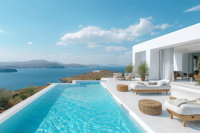 White villa terrace with an infinity pool and sunbeds overlooking the sea and distant mountains under blue sky.
