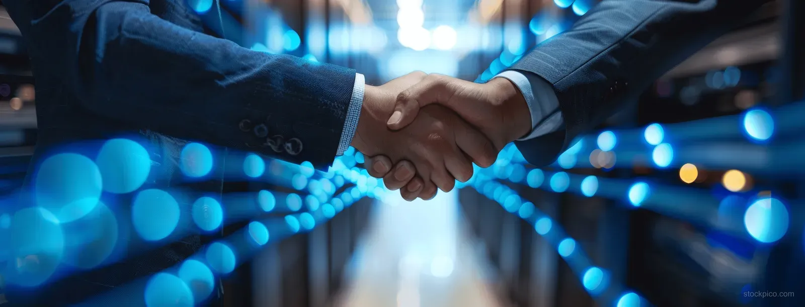 Two businessmen shake hands in an office while trading partners under bright bokeh lights behind them.