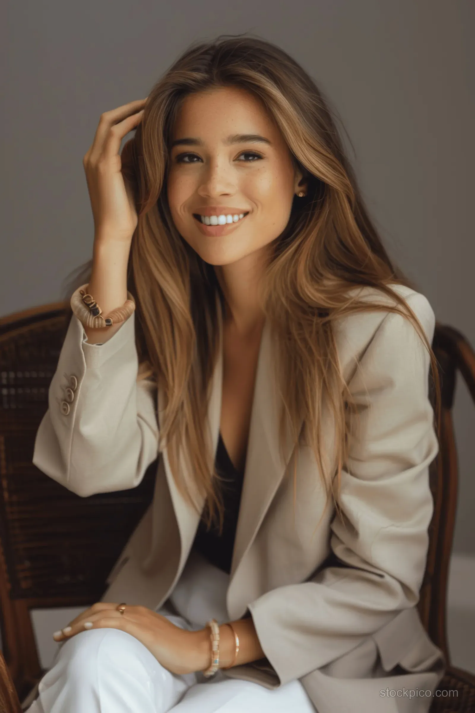 A smiling young woman sits on a chair wearing a beige blazer, white skirt, and golden bracelet in soft light.