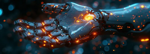 A futuristic AI robot hand extends into a dark network of glowing data nodes and connection lines.