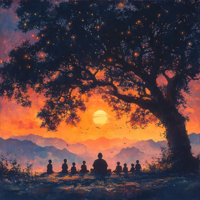 Silhouette of Buddha and children meditating under a tree during a warm sunset glow.