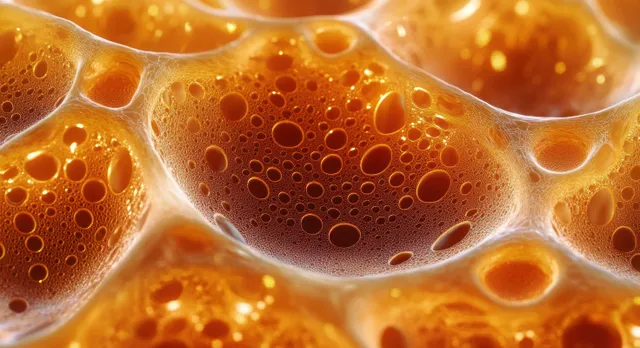 Orange and brown bubbles cluster on a translucent foamy surface with glossy reflections.