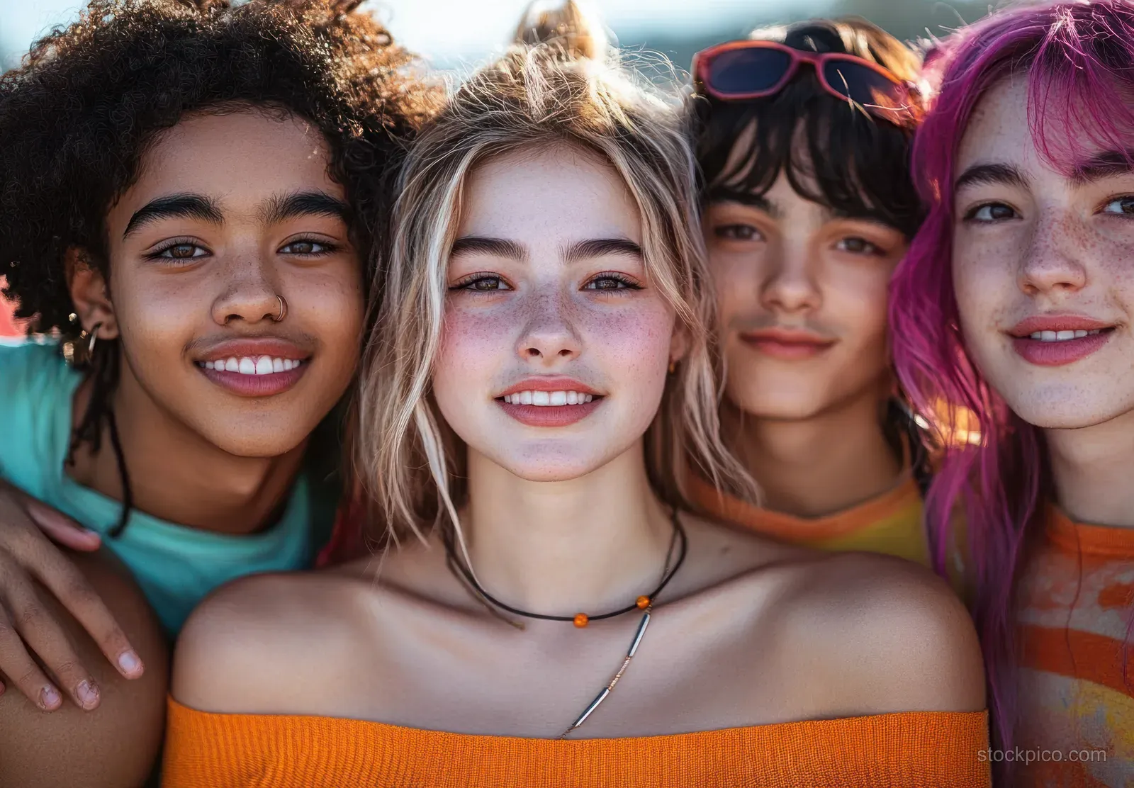 Four diverse teenagers smile closely together outdoors in warm summer sunlight.