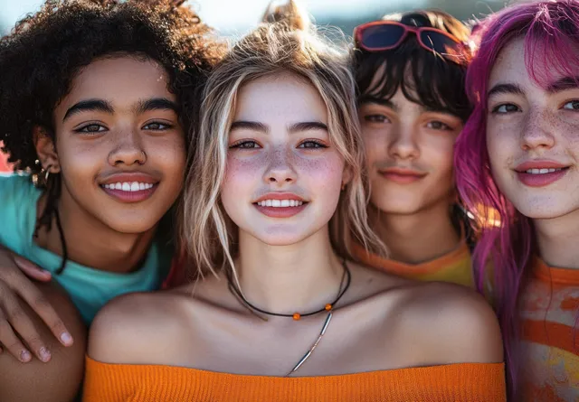 Four diverse teenagers smile closely together outdoors in warm summer sunlight.
