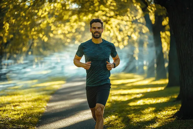 A man jogging along a sunny park path with bright greenery and golden tree shadows.