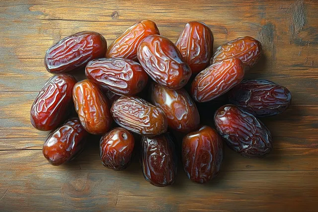 Close-up pile of glossy ripe dates on rustic wooden tabletop, textured skins visible