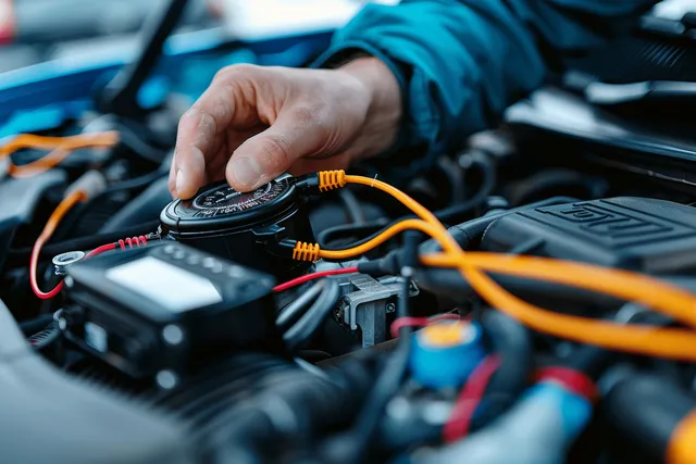 Technician tests a car battery with multimeter probes while orange test leads rest in the engine bay.