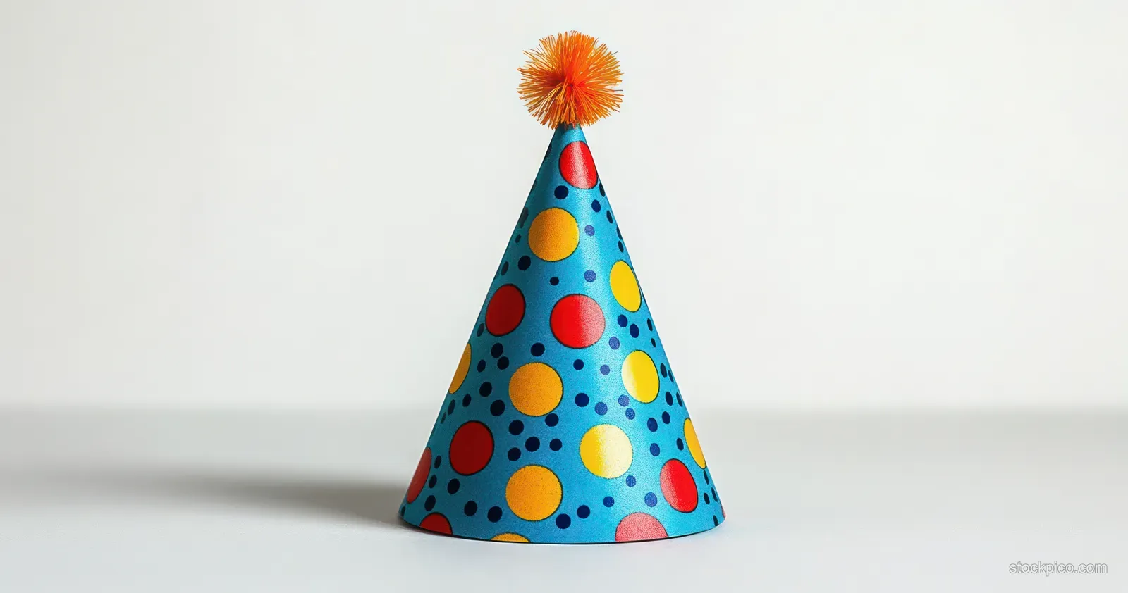 Colorful party hat with blue cone and yellow-red dots, topped with an orange pom-pom, standing on a white surface.