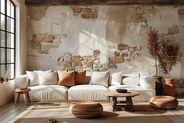 Sunlit farmhouse living room with a white sofa, wooden coffee table, and exposed stone wall and window.