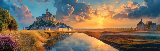 Historic castle on a hill at sunset, with warm light and colorful clouds reflected on still water.
