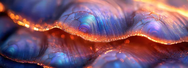 Macro close-up of an iridescent abalone shell surface with swirling blue, purple, and orange colors.