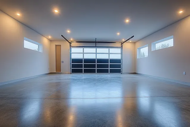 Empty modern garage interior with polished concrete floor, white walls, ceiling lights, and a black paneled garage door.