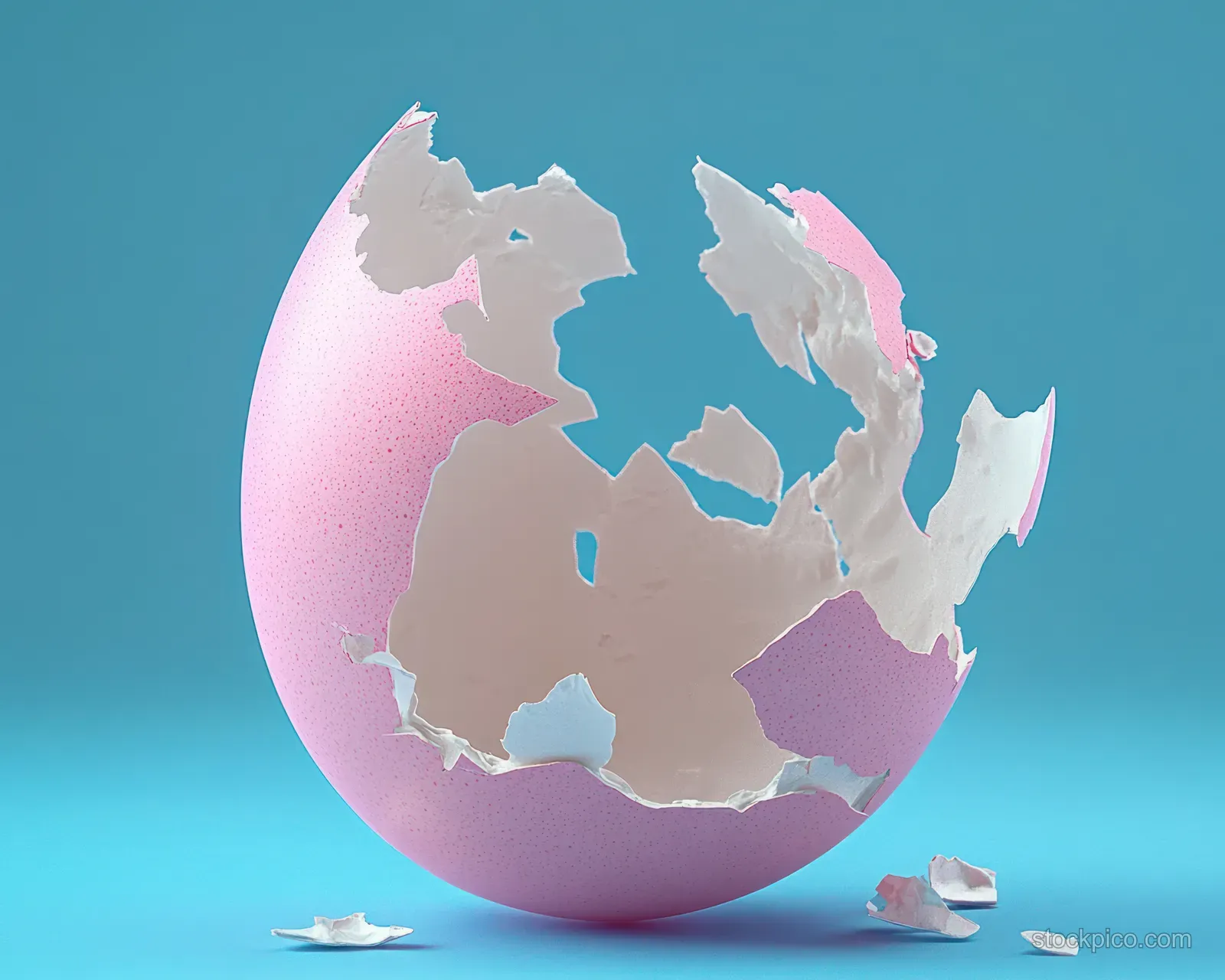 A cracked pink eggshell with scattered fragments and visible thin membrane on a blue background.