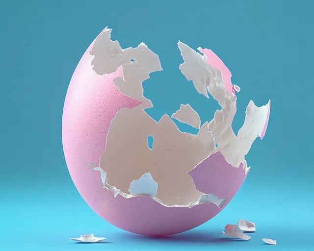 A cracked pink eggshell with scattered fragments and visible thin membrane on a blue background.