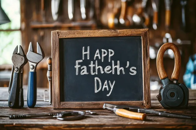 Father’s Day chalkboard on a rustic wooden table with hand tools and folded neckties around it.