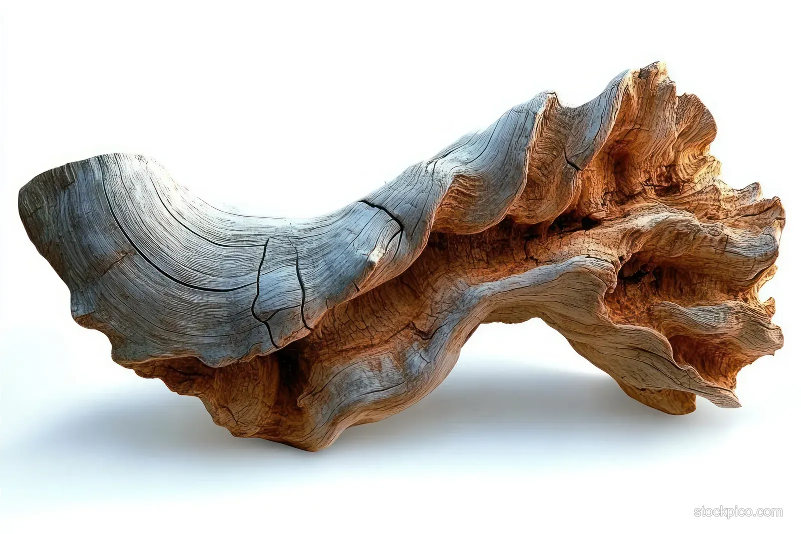 Weathered driftwood with wavy blue-gray and brown textures and visible natural cracks on a plain white background.